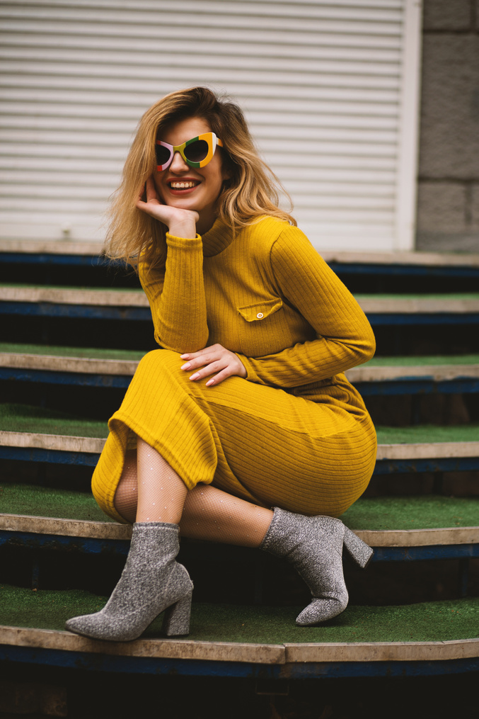 Women's Yellow Long-sleeved Dress